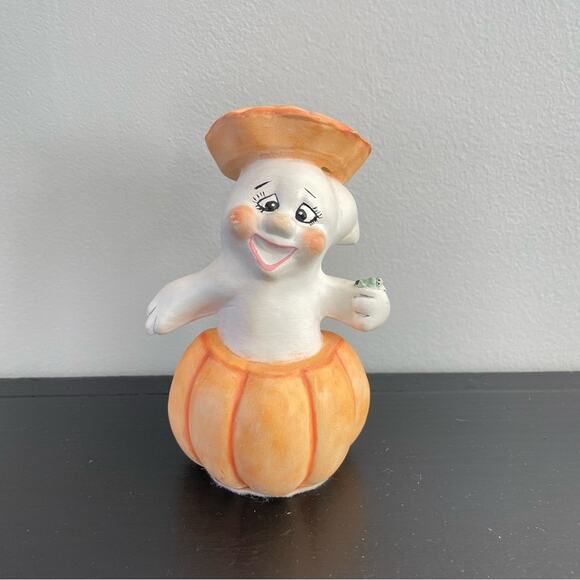 Vintage | Peek-A-Boo Ghost In Orange Pumpkin Gothic Kawaii Kitsch Cute Halloween - Picture 1 of 9